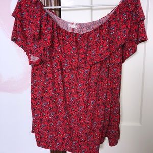 Off the shoulder, red floral short sleeve